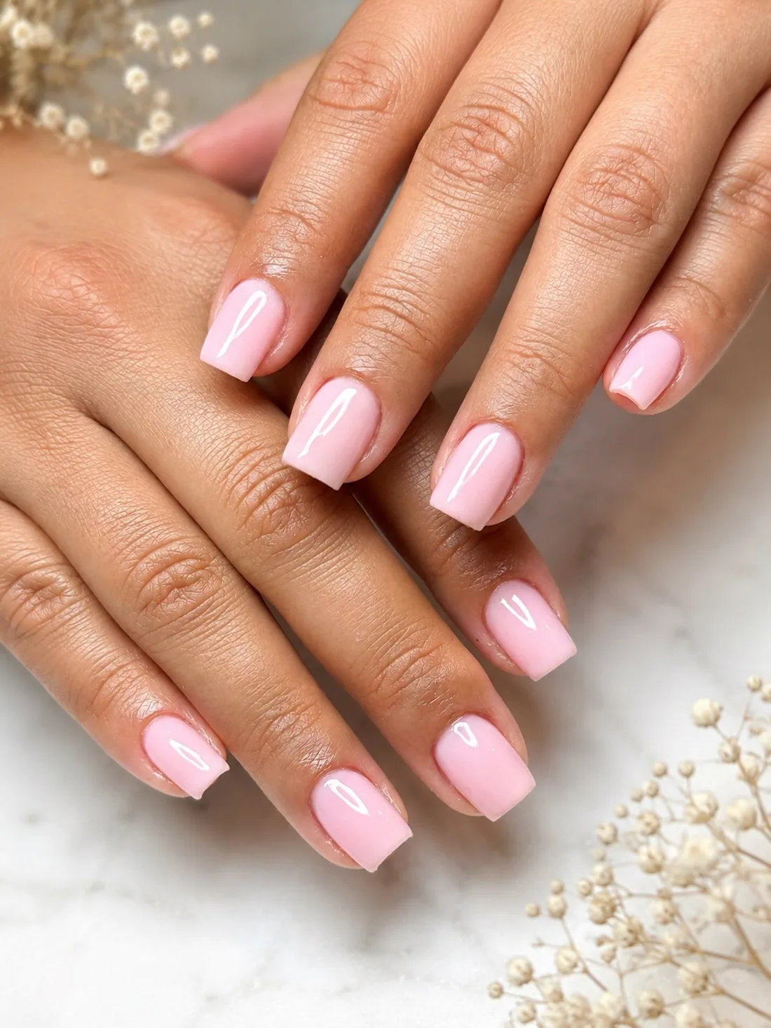 Soft pink gel manicure on square nails, resting on marble